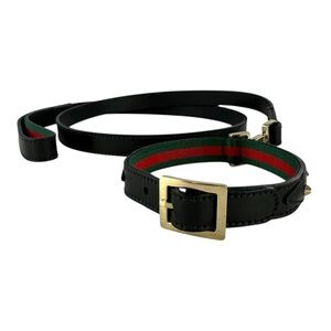 Gucci Black Leather Dog Collar and Leash with Red and Green Stripes